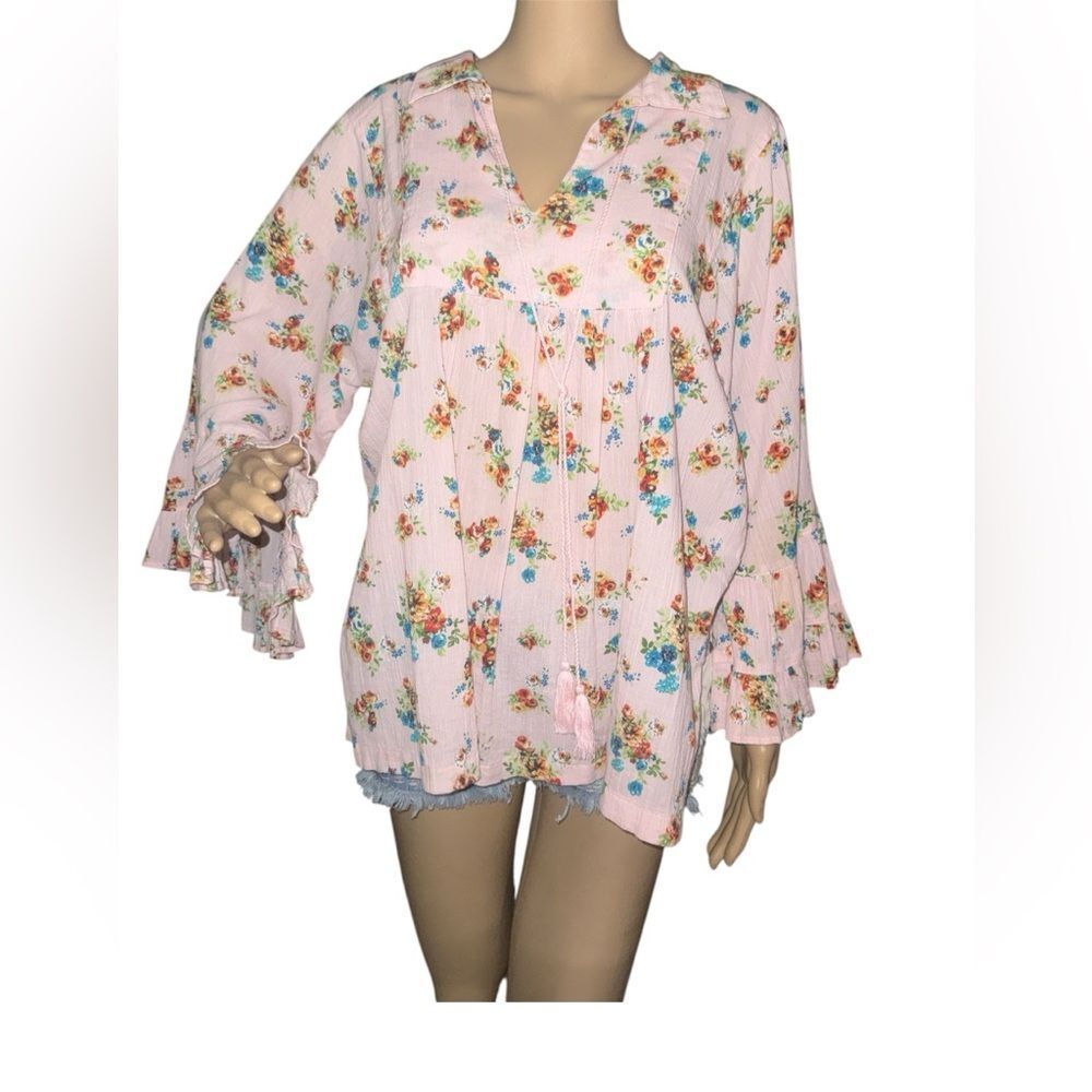Ivy Jane Pink v-neckline Ruffle Sleeves Tassels Blue red orange floral Large